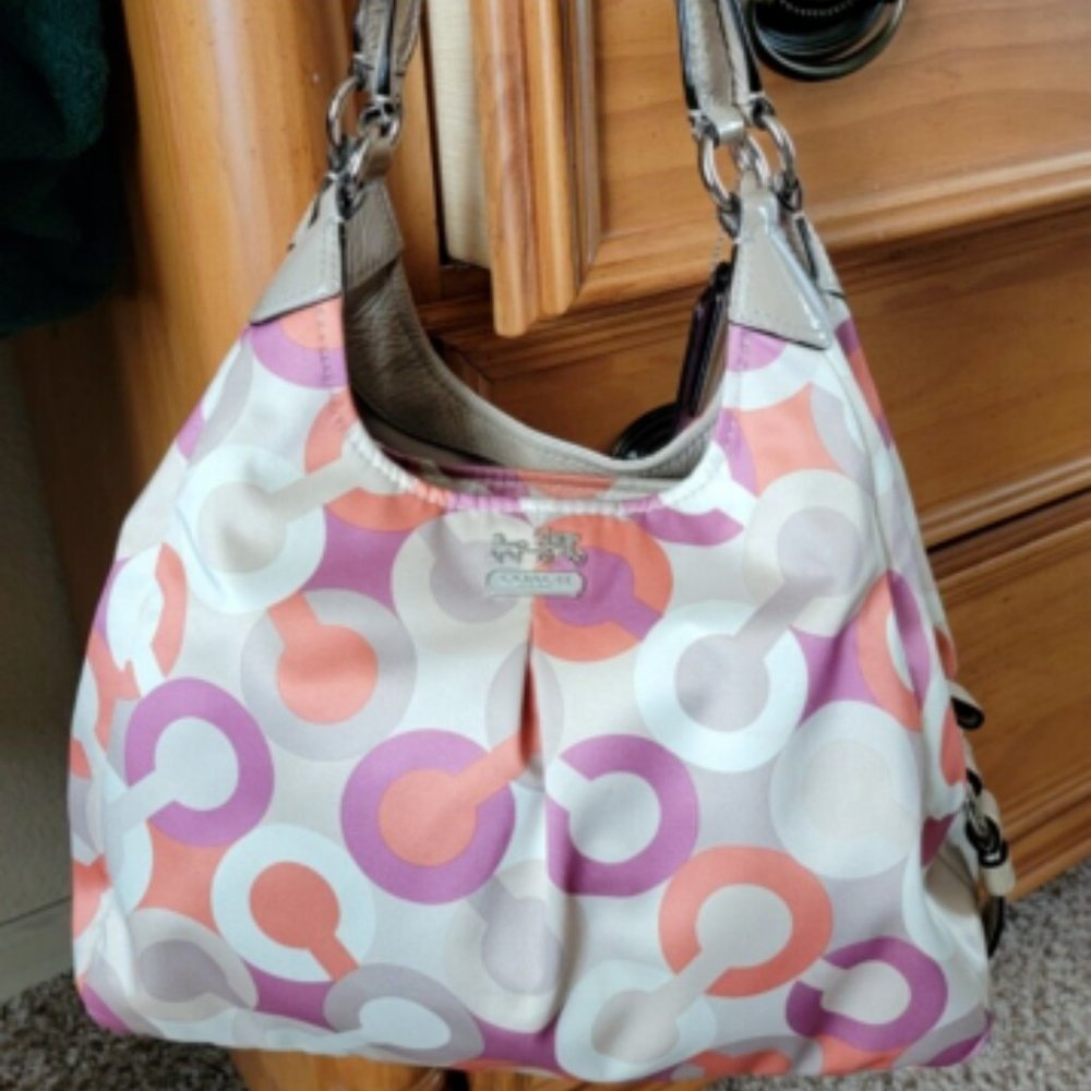 Coach Madison Diagonal OP Art Maggie Sateen Handbag Khaki/Orchid Style# 23359
